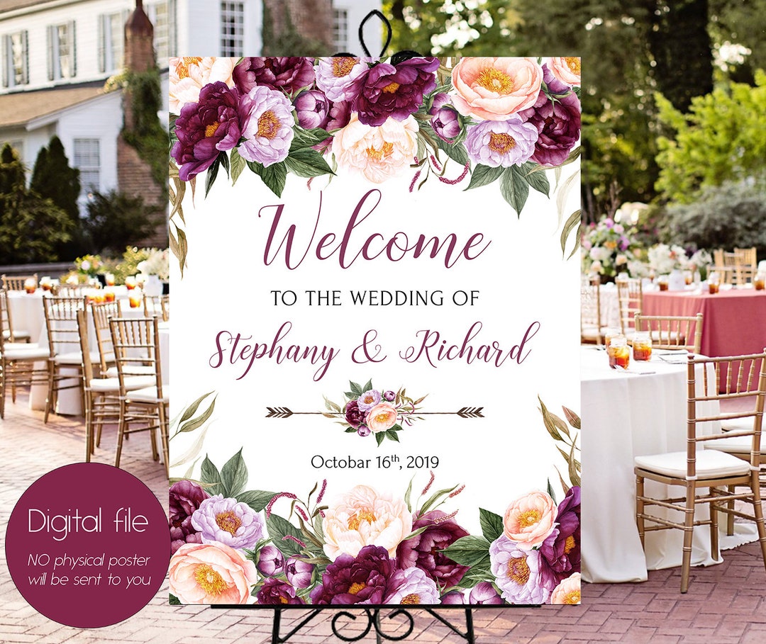 Welcome Violet Welcome Wedding Sign,purple Violet Peach Boho Peonies, Welcome Wedding ...