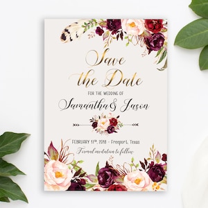 Save the Date Invitation, Printable Invitation, Floral Wedding Invite, Marsala Burgundy, Watercolor Bohemian Save the Date Invite WS-024