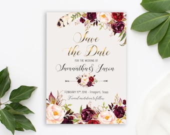 Save the Date Invitation, Printable Invitation, Floral Wedding Invite, Marsala Burgundy, Watercolor Bohemian Save the Date Invite WS-024