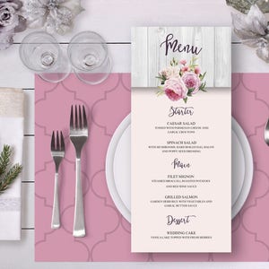 Printable Wedding Menu, Blush Pink Watercolor Roses, Rustic Digital Printable Wedding Menu Card, Bohemian Food Bridal, Wedding Menu WS-005