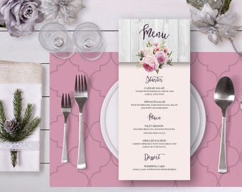 Printable Wedding Menu, Blush Pink Watercolor Roses, Rustic Digital Printable Wedding Menu Card, Bohemian Food Bridal, Wedding Menu WS-005