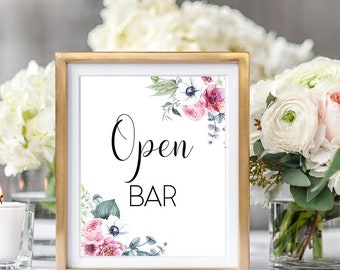 Open bar Wedding Sign Digital Floral Pink Hellebore,White Anemones, Ranunculus, Wedding Printable Bridal Decor Poster Sign 8x10 - WS-042