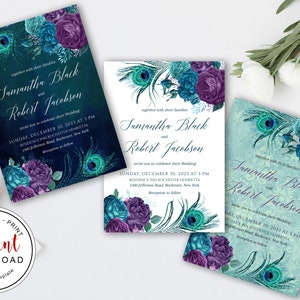 Editable Peacock Wedding Invitation, Invitation Template, Teal Purple Peacock Feather,Wedding Peacock Invite,Teal Purple Invitation WS-076tp