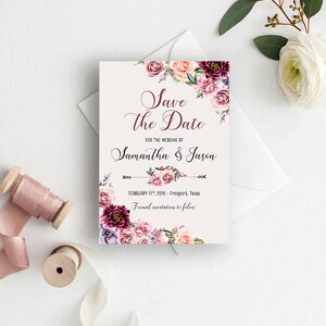 Save the Date Printable Invitation, Floral Wedding Invitation, Marsala Burgundy Vintage Invitation, Bohemian Save the Date Invite WS-030b