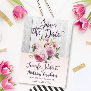 Printable Rustic Bohemian Save the Date Floral Wedding Romantic Roses Pink Watercolor flowers Save the Date Invite WS-005