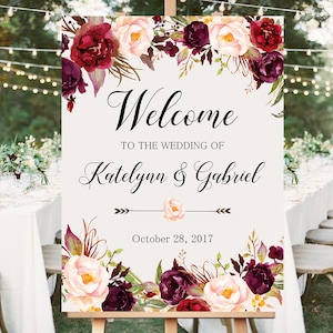 Welcome Wedding Sign,Wedding decoration,Burgundy peonies,Wedding Reception Sign,Bridal Wedding Welcome Poster,Welcome wedding sign WS-024 image 4