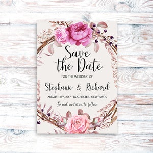 Save the Date Printable Floral Digital Wedding Vintage Roses Watercolor Bohemian Save the Date Invite WS-017