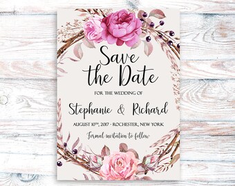 Save the Date Printable Floral Digital Wedding Vintage Roses Watercolor Bohemian Save the Date Invite WS-017