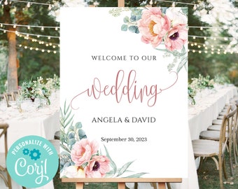 Blush Floral Wedding Welcome Sign, Wedding Welcome Template, Eucalyptus Greenery Welcome, Blush Wedding Template, Welcome Template - PETRA