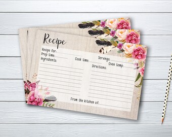 Recipe Card Bridal Shower Floral Printable Games Floral Pink Watercolor Peonies Boho Rustic Instant Download - BG008