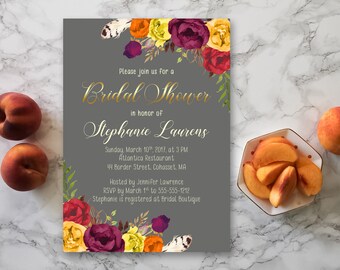 Fall Bridal Shower Invitation, Printable Digital Wedding Invitation,Red Orange Yellow, Bridal Shower Invitation, Wedding Fall Invite BS-027