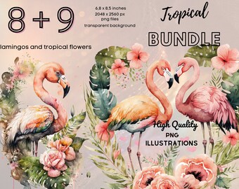 Tropical Flamingo Lovers,Watercolor Illustrations, Tropical Flowers Clip Art,Flamingo Bundle,Watercolor Flamingo Tropical Bundle,Card Making