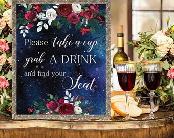 Take a cup Wedding Sign Christmas Winter New Year Snow White Red Burgundy Floral Wedding Printable Decor Gifts Poster Sign 8x10 WS-050