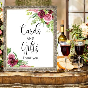 Cartes et cadeaux signe, signe de mariage numérique, décoration de mariage, Bourgogne blush pivoines, mariage imprimable décor de mariée affiche signe 8 x 10-WS-061