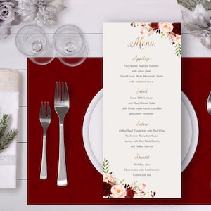 Floral Menu, Wedding Menu, Dinner Menu, Marsala Burgundy Menu, Digital Printable Long Menu, Wedding Table Menu, Food Wedding Menu - WS012