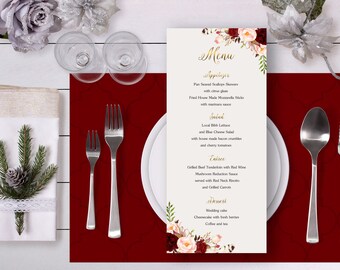 Floral Menu, Wedding Menu, Dinner Menu, Marsala Burgundy Menu, Digital Printable Long Menu, Wedding Table Menu, Food Wedding Menu - WS012