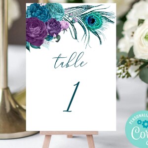Peacock Table Numbers, Table Numbers Template, Teal Purple Peacock, Wedding Table Cards, Editable Peacock Table Numbers, Favor Tag, C-076TP