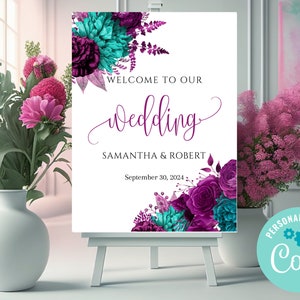 Magenta Teal Welcome Sign, Dark Fuchsia Sign,Teal Magenta Welcome,Welcome Reception Sign,Bridal Wedding Welcome,Welcome Wedding Decor C-088m