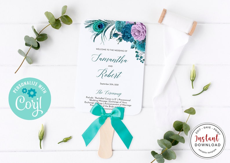 May include: A wedding fan with a teal ribbon and a wooden handle. The fan features floral and peacock feather designs in teal and purple, with the names "Samantha and Robert" and wedding details.