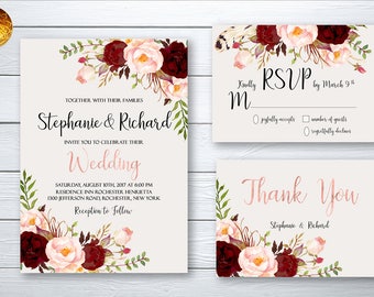 Wedding Invitation Suite, Printable Wedding Invitation Set, Digital Invitation, Marsala Burgundy Flowres, Bohemian Wedding Invite WS-023