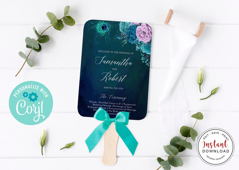 May include: A wedding fan with a teal and navy blue gradient background, decorated with floral accents and the names "Samantha and Robert." The fan includes the text "Welcome to the Wedding of" and "The Ceremony." A teal ribbon is tied to the wooden handle.