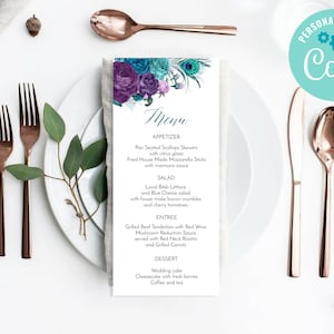 Teal Green Purple Printable Menu, Peacock Menu, Wedding Peacock Printable Menu Card, Purple Teal Flowers Menu, Wedding Menu Cards C-076tp