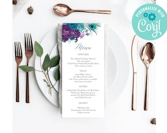 Teal Green Purple Printable Menu, Peacock Menu, Wedding Peacock Printable Menu Card, Purple Teal Flowers Menu, Wedding Menu Cards C-076tp