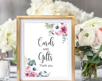 Cards and Gifts Wedding Sign Floral Pink Hellebore,White Anemoneas,Ranunculus,Wedding Printable Bridal Decor Poster Sign 8x10 - WS-042