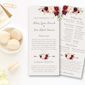 Wedding Program Ceremony Marsala Burgundy Floral Digital Printable Program Wedding Boho Ceremony Card Bohemian Bridal Wedding - WS-024