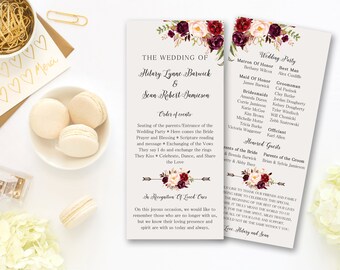 Wedding Program Ceremony Marsala Burgundy Floral Digital Printable Program Wedding Boho Ceremony Card Bohemian Bridal Wedding - WS-024