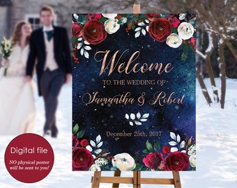 Welcome Wedding Sign Christmas Winter New Year Snow White Red Burgundy Floral Wedding Reception Sign Bridal Wedding Welcome Poster WS-050