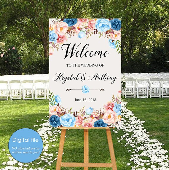 Wedding Welcome Sign Light Blue Peach Pink Blush Floral Etsy