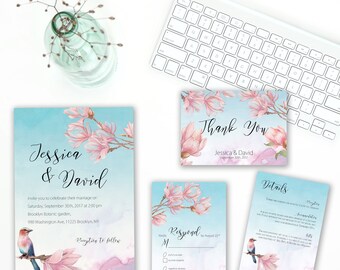 Wedding Invitation Suite, Printable Wedding Invitation Set, Floral Digital Wedding Invitation, Magnolia Tree, Botanical Garden Invite WS-025