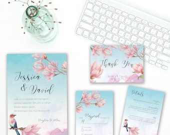 Wedding Invitation Suite, Printable Wedding Invitation Set, Floral Digital Wedding Invitation, Magnolia Tree, Botanical Garden Invite WS-025