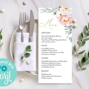 Wedding Menu Template, Floral Wedding Menu, Elegant Eucalyptus Wedding Card, Printable Wedding Menu, Editable Wedding Template - PETRA