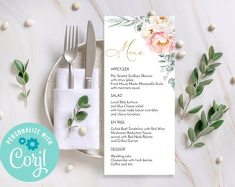 Elegant Wedding Menu Template, Floral Wedding Menu, Blush Eucalyptus Wedding Card, Printable Wedding Menu, Editable Wedding Template - PETRA