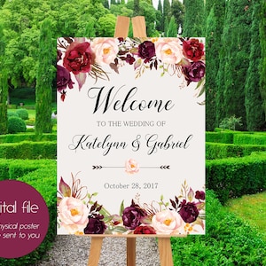 Welcome Wedding Sign,Wedding decoration,Burgundy peonies,Wedding Reception Sign,Bridal Wedding Welcome Poster,Welcome wedding sign WS-024 image 2