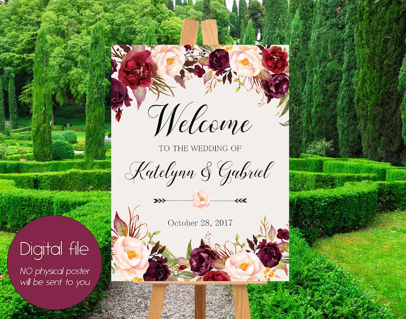 Welcome Wedding Sign,Wedding decoration,Burgundy peonies,Wedding Reception Sign,Bridal Wedding Welcome Poster,Welcome wedding sign WS-024 image 2