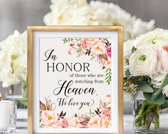 In Loving Memory Sign, In Honor Of Those Who Are Watching From Heaven, Wedding Memorial Sign, Wedding Decoration, Blush Peonies 8x10 WS-022
