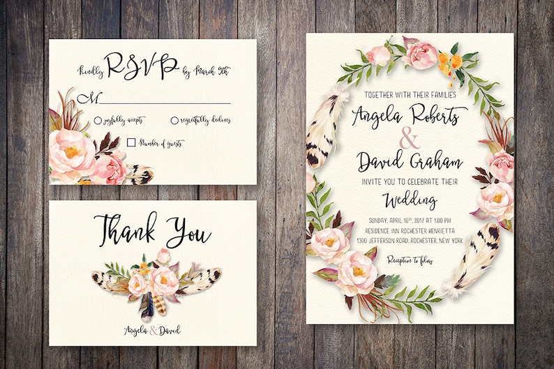 Printable Wedding Invitation, Peach Blush Floral invitation, Boho Wedding Invitation, Watercolor Invitation, Bohemian Wedding Invite WS-004 画像 4