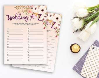 Wedding A-Z Bridal Shower Printable Game Boho White Flowers Peach Background Wedding Card Instant Download - BG002