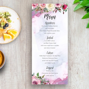 Floral Wedding Menu Blush Pink Watercolor Roses Digital Printable Wedding Boho Long Menu Card Bohemian Food Bridal Wedding - WS011