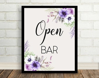 Open bar Wedding Sign Digital Floral Purple, Anemone Flowers, Ranunculus, Wedding Printable Bridal Decor Poster Sign 8x10 - WS-043