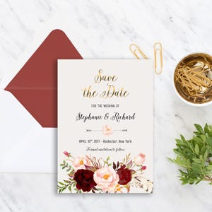 Save the Date Printable Floral Digital Wedding Marsala Burgundy Watercolor Gold letters Bohemian Save the Date Invite WS-012
