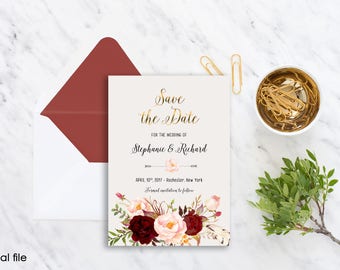 Save the Date Printable Floral Digital Wedding Marsala Burgundy Watercolor Gold letters Bohemian Save the Date Invite WS-012