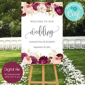 Wedding Welcome Sign Template, Burgundy Gold Welcome Sign,Editable Wedding Welcome,Burgundy Gold Wedding, Wedding Welcome Decoration  C-087