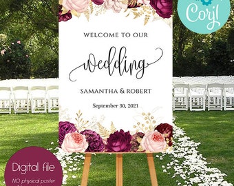 Wedding Welcome Sign Template, Burgundy Gold Welcome Sign,Editable Wedding Welcome,Burgundy Gold Wedding, Wedding Welcome Decoration  C-087
