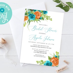 Teal Orange Bridal Shower Invitation Template, Editable Bridal Shower Invitation, Bridal Shower Invite Template, Teal Orange Card C-061 to