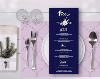 Floral Wedding Menu Navy Blue  Watercolor White Piones Rustic Digital Printable Wedding Boho Long Menu Card Bohemian Food  - WS007