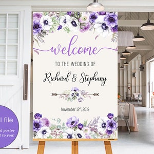 Wedding Welcome Sign Purple White Lavender Anemone, Eucalyptus, Ranunculus, Succulents Floral Wedding Bridal Wedding Welcome Poster WS-043